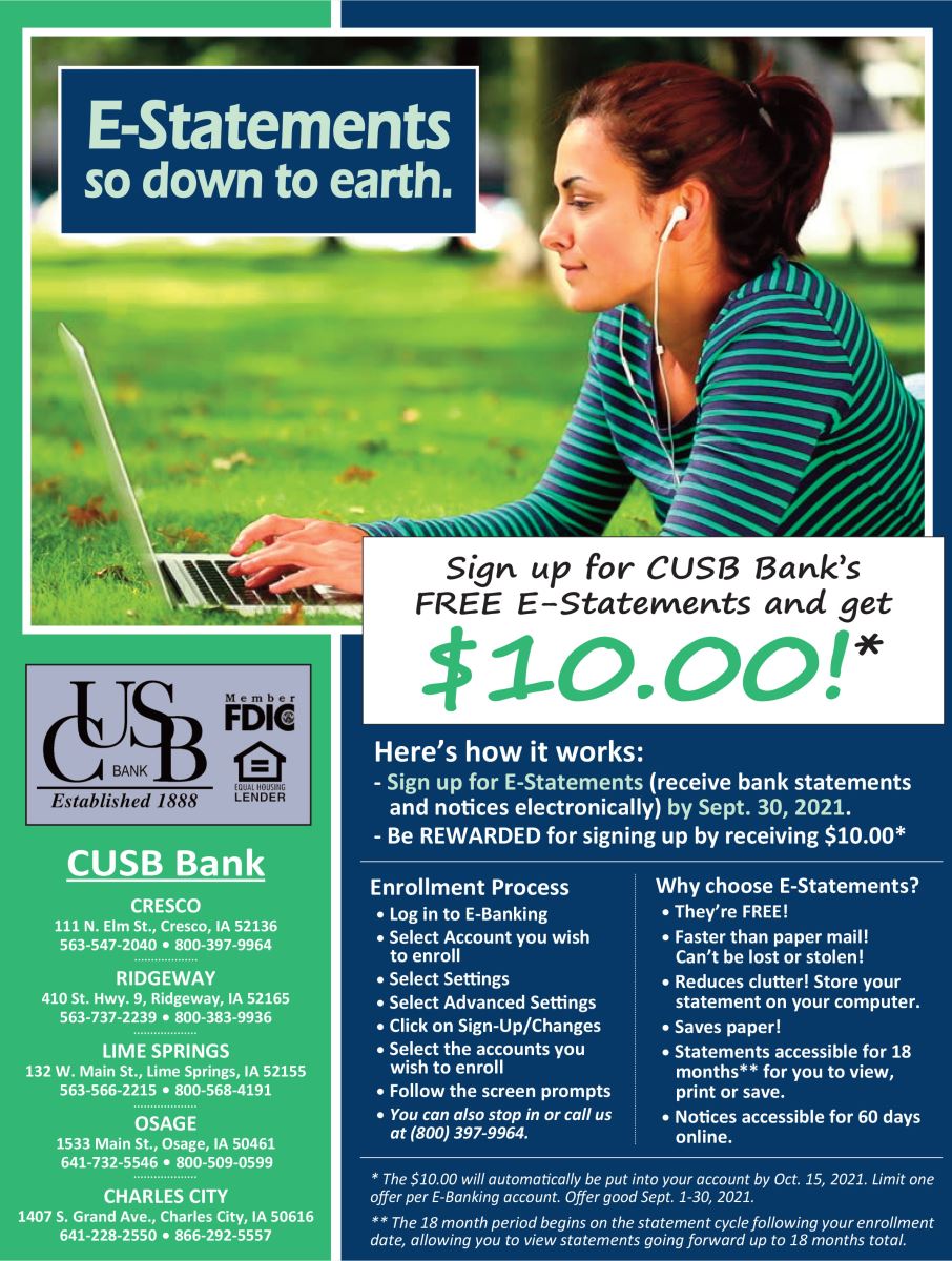 Sign up for E-statements and receive $10